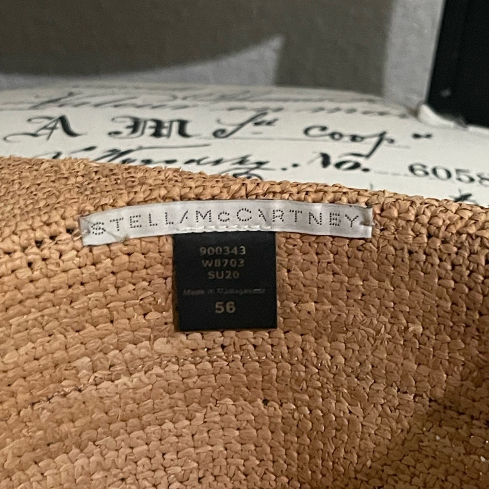 STELLA MCCARTNEY LOGO RAFFIA PANAMA TAN STRAW HAT RED STITCHED BAND SIZE: 56 - Picture 3 of 8